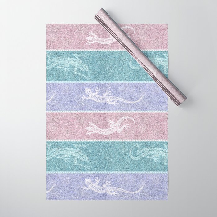 Pastel Geckos on Blue and Mint Stripes Wrapping Paper