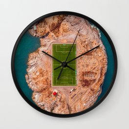 Soccer Field on a Remote Island - Aerial Photography Wall Clock | Merch, Soccer, Green, Field, Football, Weird, Travel, Photo, Rock, Sports 