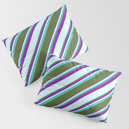 [ Thumbnail: Turquoise, Dark Olive Green, Dark Violet & Light Cyan Colored Striped/Lined Pattern Pillow Sham ]