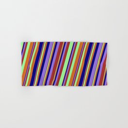 [ Thumbnail: Colorful Brown, Green, Chocolate, Blue, and Purple Colored Lined Pattern Hand & Bath Towel ]