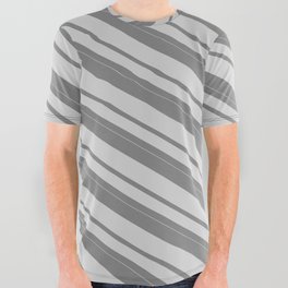 [ Thumbnail: Grey & Light Grey Colored Lines/Stripes Pattern All Over Graphic Tee ]