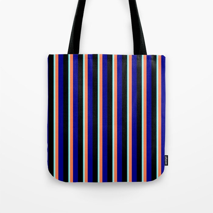 Eye-catching Dark Cyan, Turquoise, Coral, Dark Blue, and Black Colored Striped Pattern Tote Bag