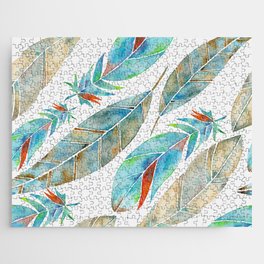 Watercolor Feathers Pattern- Tan & Turquoise  Jigsaw Puzzle