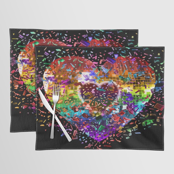 Shattered Rainbow Disco Ball Heart Placemat