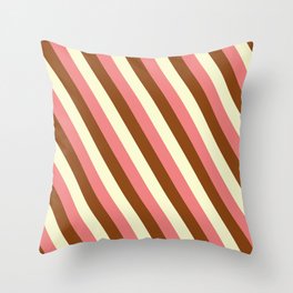 [ Thumbnail: Light Coral, Brown & Light Yellow Colored Lined/Striped Pattern Throw Pillow ]