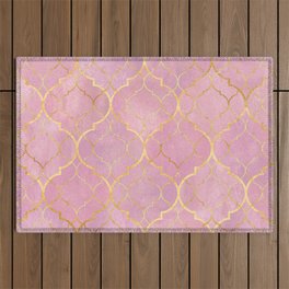 Golden Blush Pink Moroccan Quatrefoil Pattern Outdoor Rug