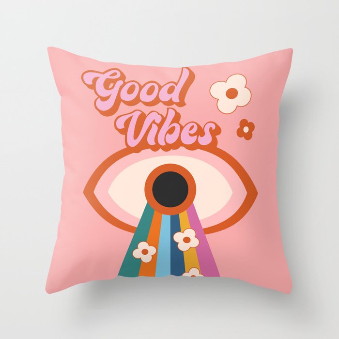 Good Vibes Groovy Funky Rainbow Pink Print Throw Pillow