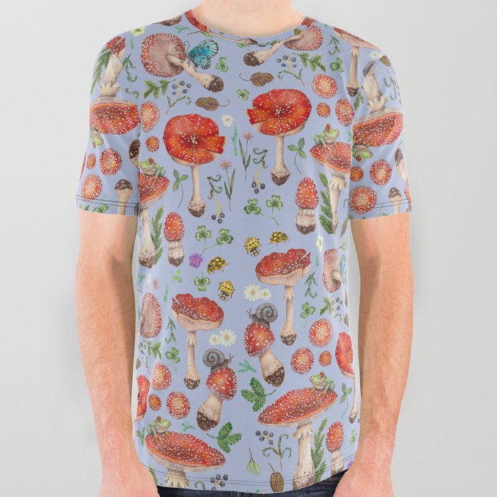Lovely Red Mushrooms - Bluebg All Over Graphic Tee