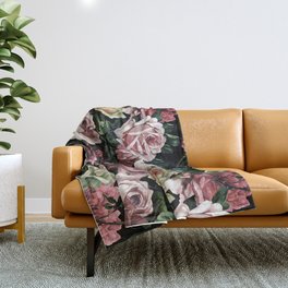 Vintage & Shabby chic - dark retro floral roses pattern Throw Blanket