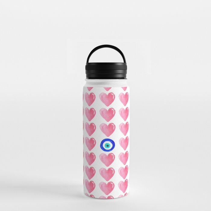 Pink Hearts & Evil Eye Watercolor Water Bottle