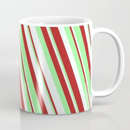[ Thumbnail: Mint Cream, Red & Green Colored Lined Pattern Coffee Mug ]