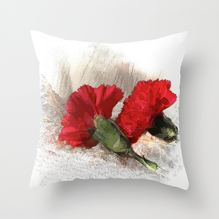 Red Carnations on Brocade Throw Pillow