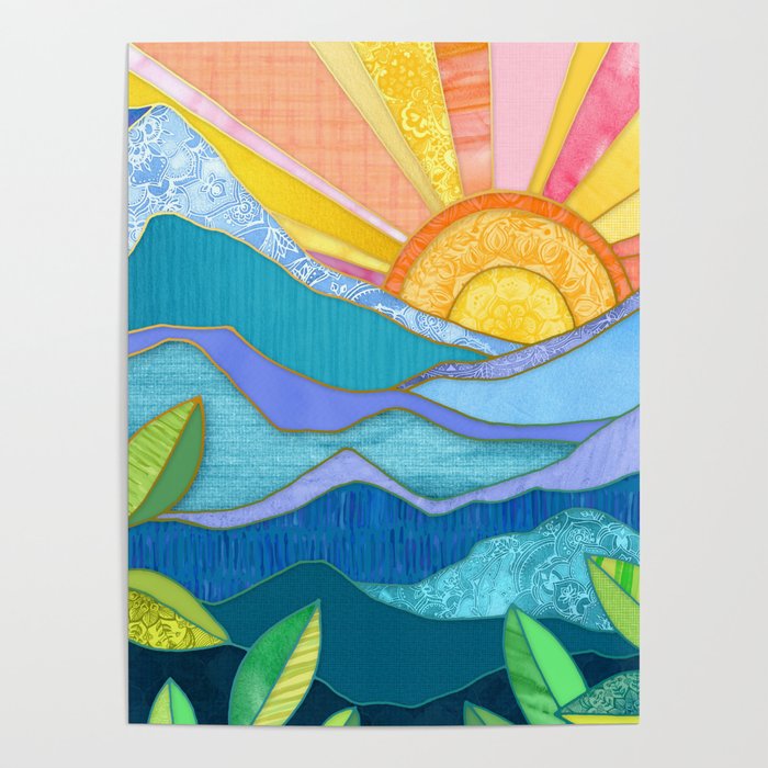 Sunset Through The Leaves Poster | Collage, Digital, Fabric, Sunset, Sunrise, Colorful, Rainbow, Mountains, Sun, Sky