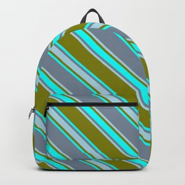 [ Thumbnail: Green, Cyan, Light Slate Gray & Light Blue Colored Stripes Pattern Backpack ]