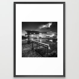 Electric Night Over Lake Bentonville And Thaden Fieldhouse - Black and White 1x1 Framed Art Print