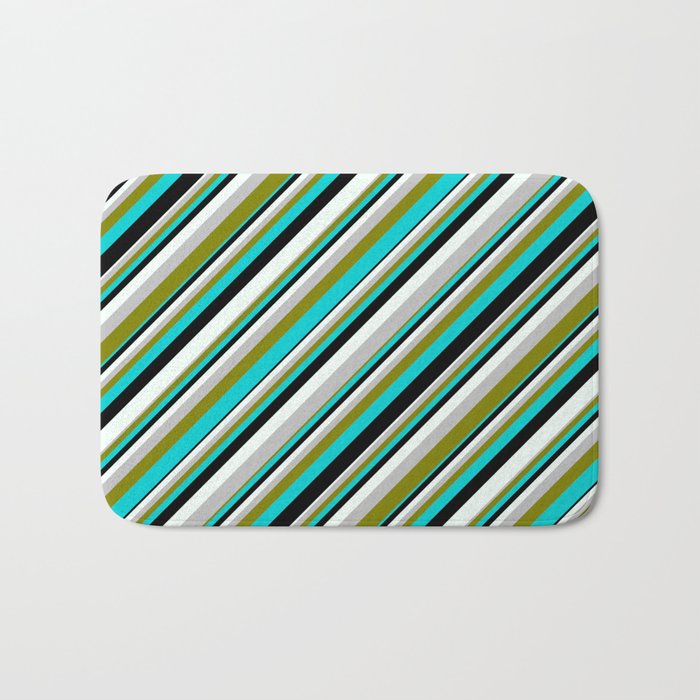 Colorful Grey, Green, Dark Turquoise, Black, and Mint Cream Colored Lined/Striped Pattern Bath Mat