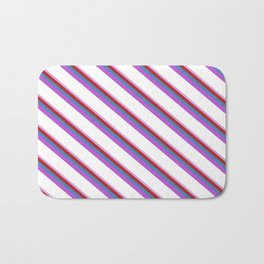 [ Thumbnail: Eye-catching Plum, Red, Blue, Orchid, and White Colored Stripes/Lines Pattern Bath Mat ]