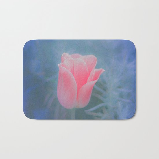 Pink Flower over Blue Bath Mat
