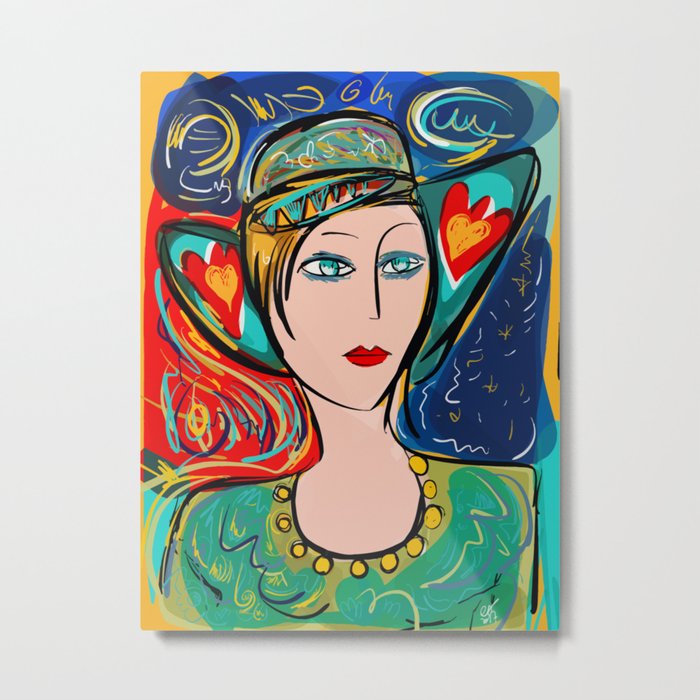 Pop Girl Art Deco with Hat and hearts Metal Print
