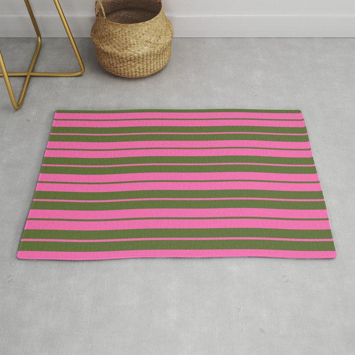 Hot Pink and Dark Olive Green Colored Lined Pattern Rug