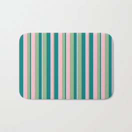[ Thumbnail: Dark Sea Green, Pink & Teal Colored Lined/Striped Pattern Bath Mat ]