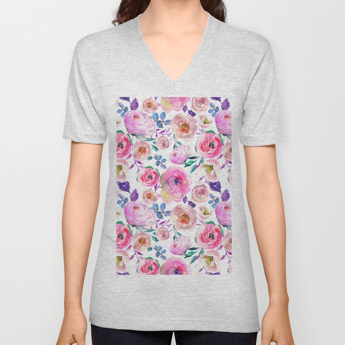 Lilac pink lavender hand painted watercolor roses floral V Neck T Shirt