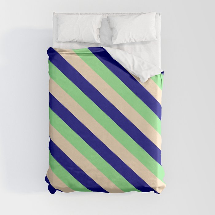 Light Green, Bisque & Blue Colored Striped Pattern Duvet Cover