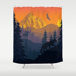 Beautiful landscape with puma and goat at mountain evening Shower Curtain