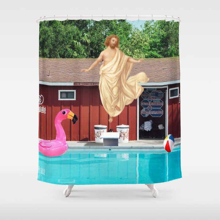 Jesus at pool party Shower Curtain