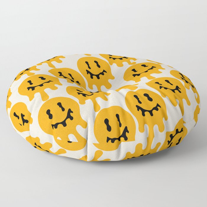 Melted Smiley Faces Trippy Seamless Pattern - Yellow Floor Pillow