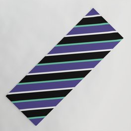 [ Thumbnail: Aquamarine, Dark Slate Blue, White, and Black Colored Striped/Lined Pattern Yoga Mat ]