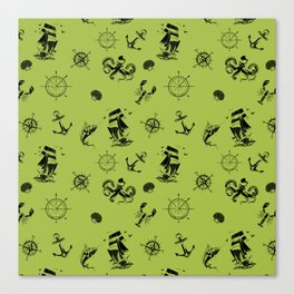 Light Green And Black Silhouettes Of Vintage Nautical Pattern Canvas Print