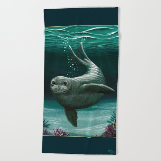 "Hawaiian Monk Seal" by Amber Marine ~ Acrylic Painting, (C) 2015 Beach Towel
