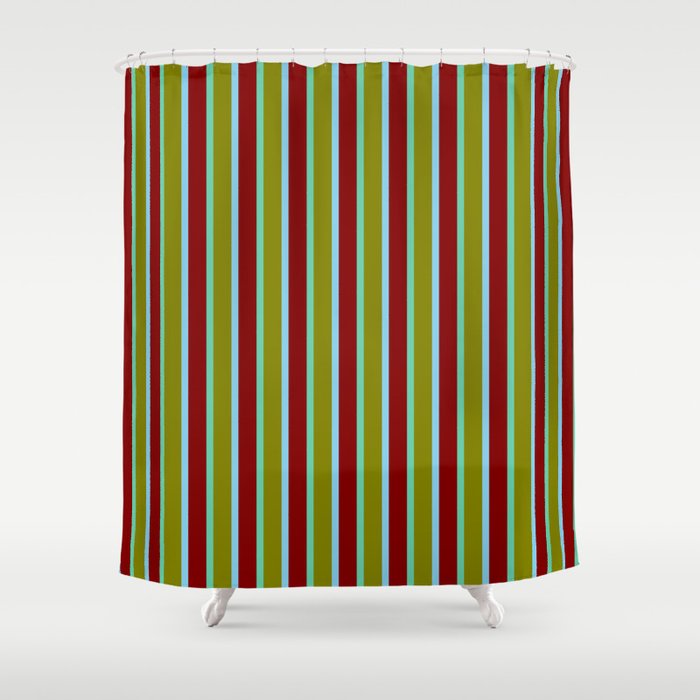 Green, Aquamarine, Maroon, and Sky Blue Colored Stripes Pattern Shower Curtain