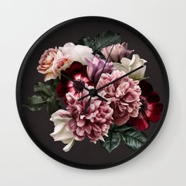 Vintage flowers bouquet. Peony, roses, anemone on dark moody background. Wall Clock