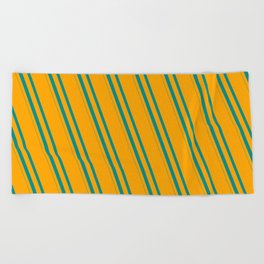 [ Thumbnail: Orange and Dark Cyan Colored Striped/Lined Pattern Beach Towel ]