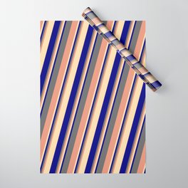 [ Thumbnail: Dim Gray, Dark Salmon, Tan & Blue Colored Lined/Striped Pattern Wrapping Paper ]