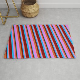 [ Thumbnail: Deep Sky Blue, Dark Red, Chocolate & Violet Colored Lines/Stripes Pattern Rug ]