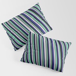 [ Thumbnail: Light Grey, Midnight Blue, Black, Aquamarine & Dim Grey Colored Lined/Striped Pattern Pillow Sham ]