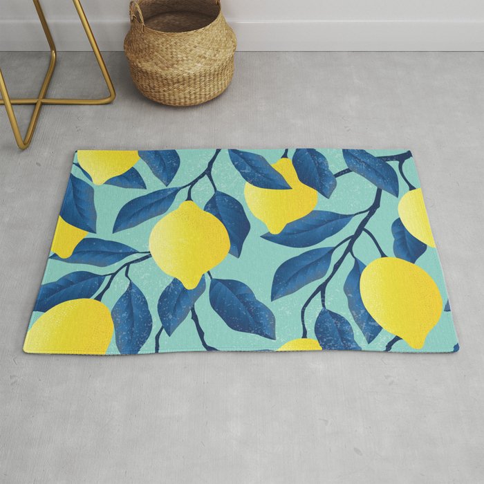Vintage yellow lemon on the branches with leaves and blue sky hand drawn illustration pattern Rug