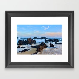 Beach sunset on the rocks Framed Art Print