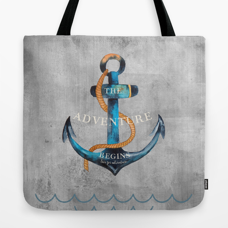 Anchor thin shopping bag Little Anchors with Chains Naval Loops Sailing Theme Cartoon Style Ocean Travel canvas tote bagPale Blue White 15x15-11 