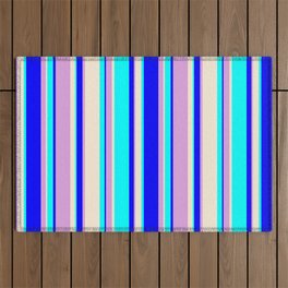 [ Thumbnail: Aqua, Beige, Plum & Blue Colored Lined Pattern Outdoor Rug ]