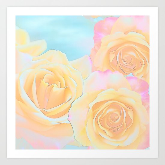 Painterly roses in pink, orange, yellow and blue Art Print