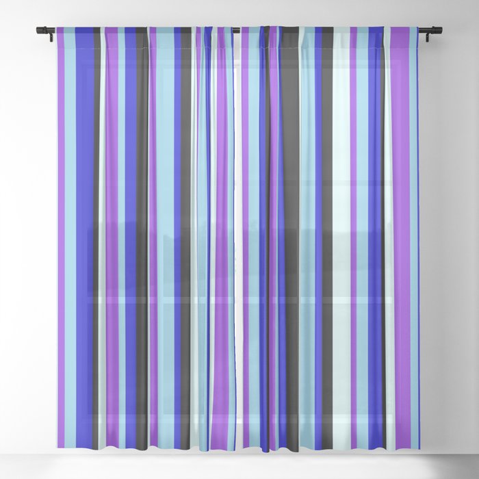 Vibrant Light Cyan, Purple, Sky Blue, Blue & Black Colored Stripes/Lines Pattern Sheer Curtain