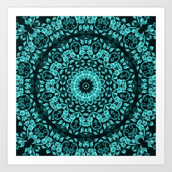 Teal Turquoise Floral Mandala Art Print