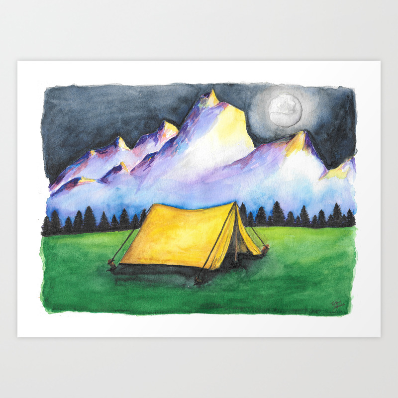 Tent View  Camping   Illustration  Art Print  3 Sizes