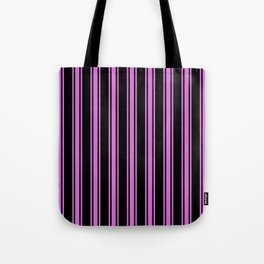 [ Thumbnail: Black and Orchid Colored Pattern of Stripes Tote Bag ]