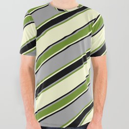 [ Thumbnail: Dark Grey, Green, Light Yellow, and Black Colored Lined Pattern All Over Graphic Tee ]