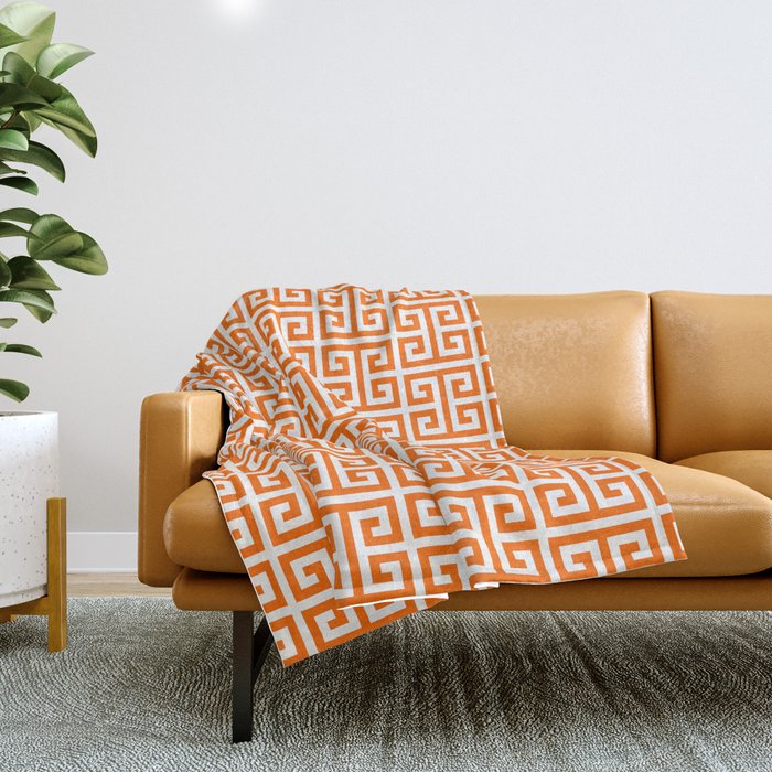 Orange and White Greek Key Pattern Throw Blanket
